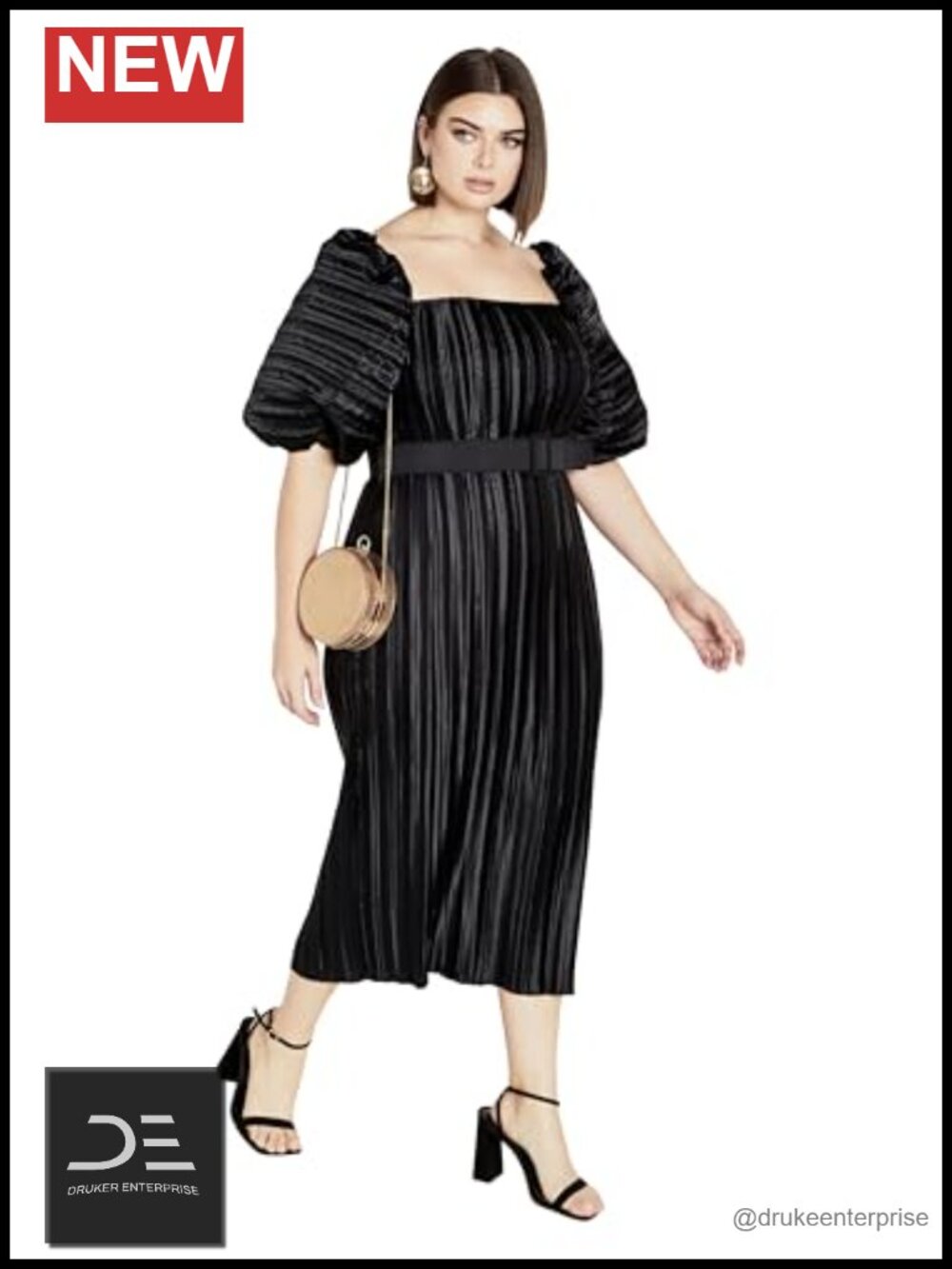 Plus Size Pleated Midi Dress with Bubble Sleeves and Removable Belt